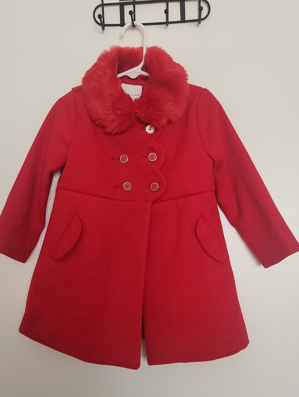 Toddler Girls' Red Double-Breasted Faux-Fur Collar Coat
